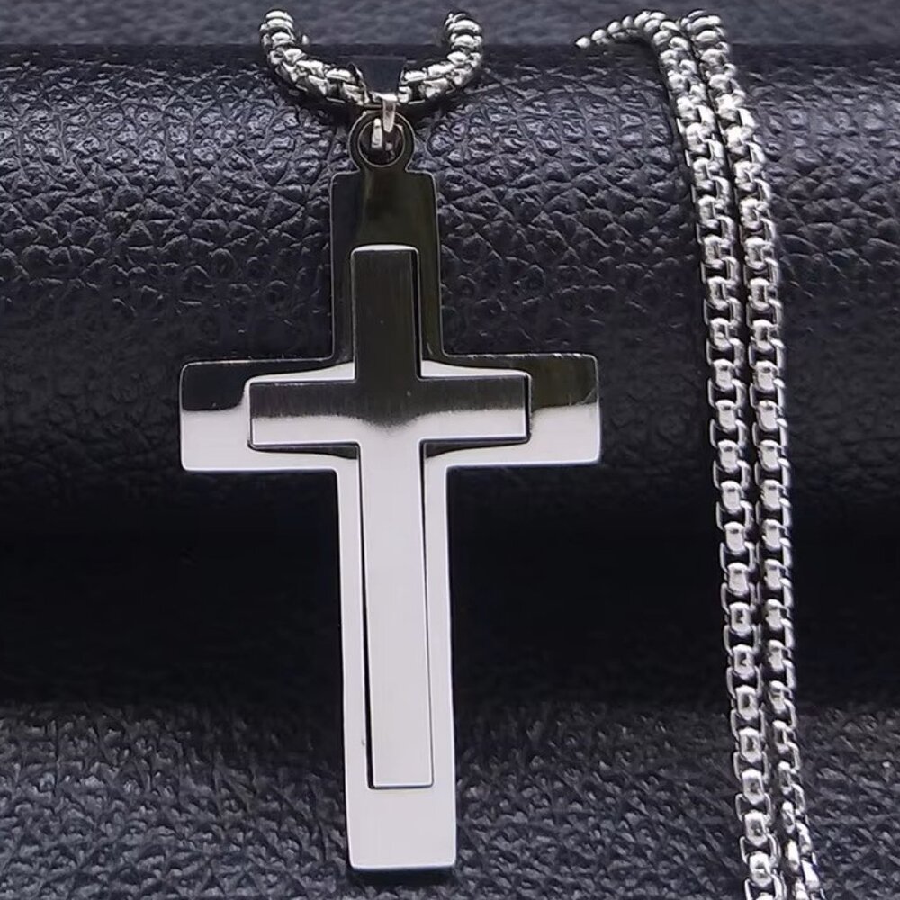 3D Cross Design Crucifix Stainless Steel Silver Color Pendant 23" Chain Jewelry
